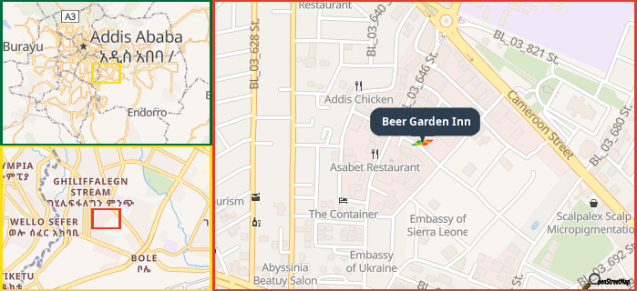 Map showing the address of Beer Garden Inn in three different zoom levels.