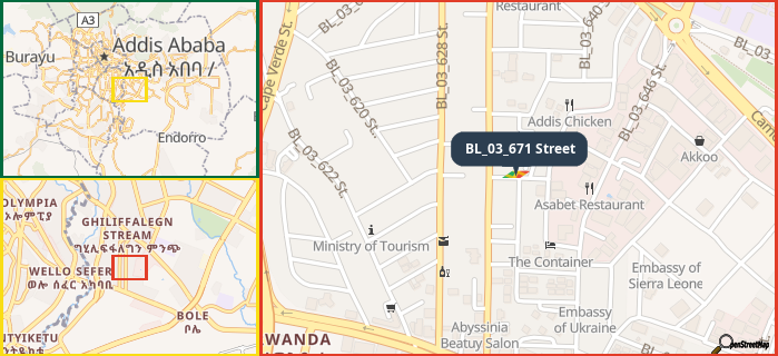 Map showing the address of BL_03_671 Street in three different zoom levels.