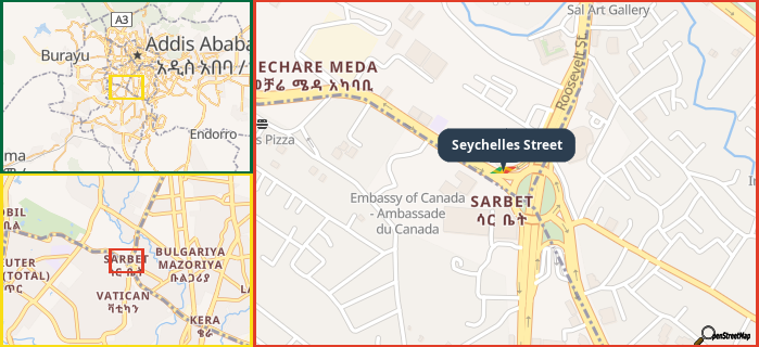 Map showing the address of Seychelles Street in three different zoom levels.