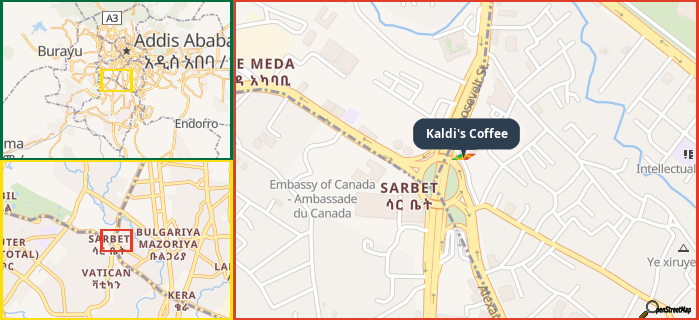 Map showing the address of Kaldi's Coffee in three different zoom levels.