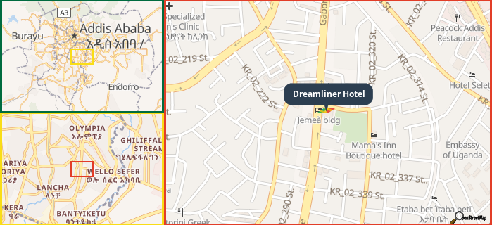 Map showing the address of Dreamliner Hotel in three different zoom levels.