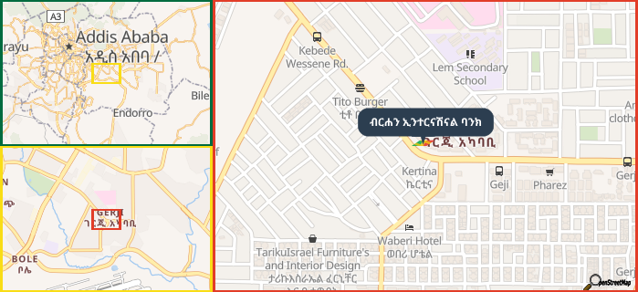 Map showing the address of ብርሐን ኢንተርናሽናል ባንክ in three different zoom levels.