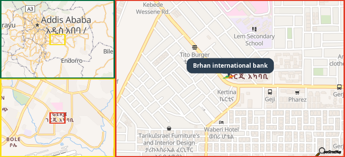 Map showing the address of Brhan international bank in three different zoom levels.