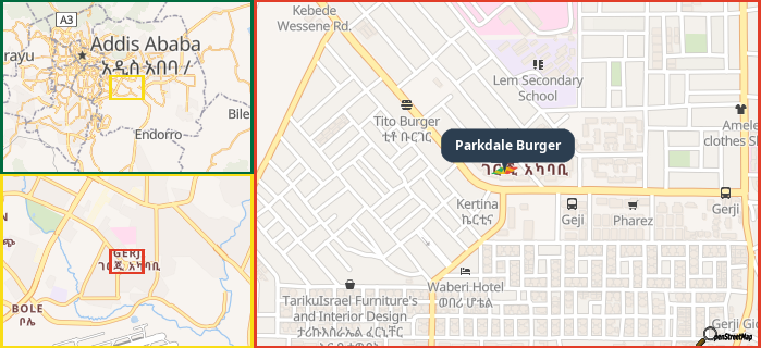 Map showing the address of Parkdale Burger in three different zoom levels.