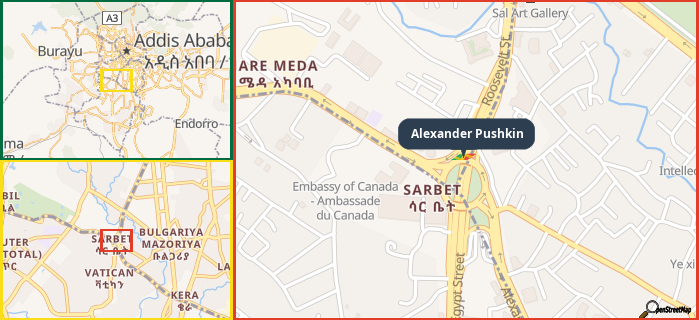 Map showing the address of Alexander Pushkin in three different zoom levels.