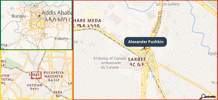 Map showing the address of Alexander Pushkin in three different zoom levels.