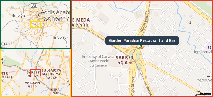 Map showing the address of Garden Paradise Restaurant and Bar in three different zoom levels.
