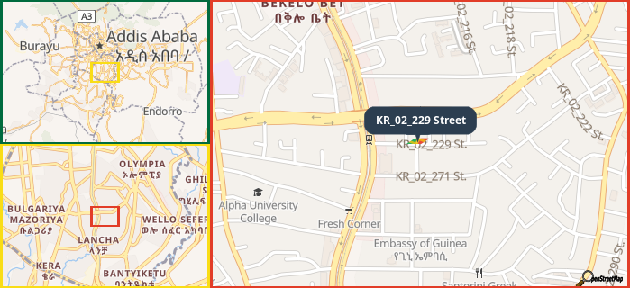 Map showing the address of KR_02_229 Street in three different zoom levels.