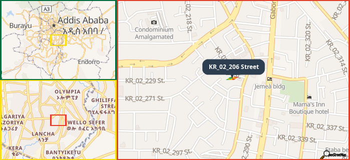 Map showing the address of KR_02_206 Street in three different zoom levels.