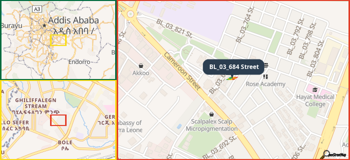 Map showing the address of BL_03_684 Street in three different zoom levels.