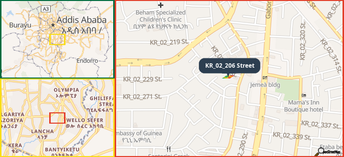 Map showing the address of KR_02_206 Street in three different zoom levels.