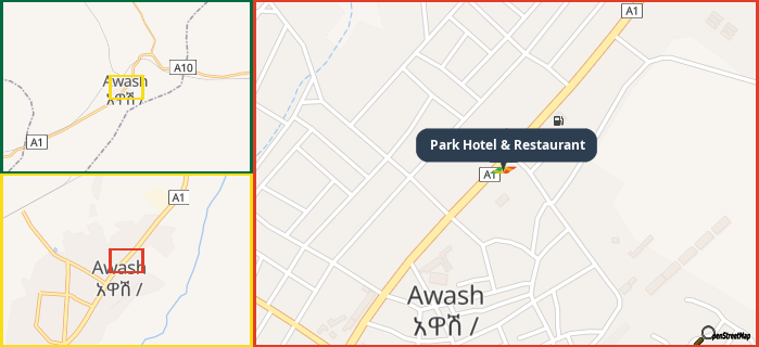 Map showing the address of Park Hotel & Restaurant in three different zoom levels.