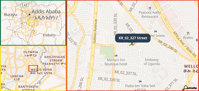 Map showing the address of KR_02_327 Street in three different zoom levels.