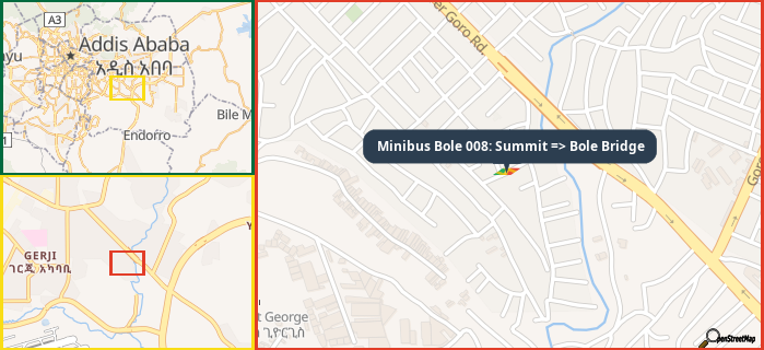 Map showing the address of Minibus Bole 008: Summit => Bole Bridge in three different zoom levels.