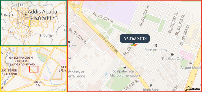 Map showing the address of ቤላ ፓስታ እና ፒዛ in three different zoom levels.