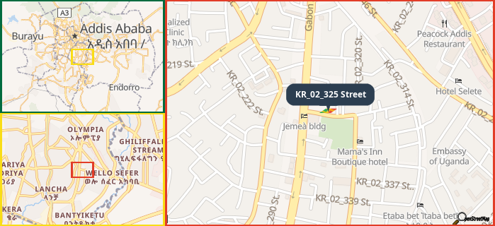 Map showing the address of KR_02_325 Street in three different zoom levels.