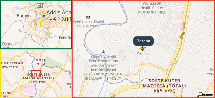 Map showing the address of Tezena in three different zoom levels.