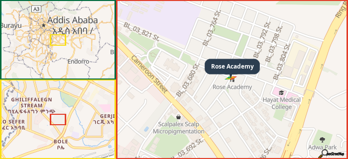 Map showing the address of Rose Academy in three different zoom levels.