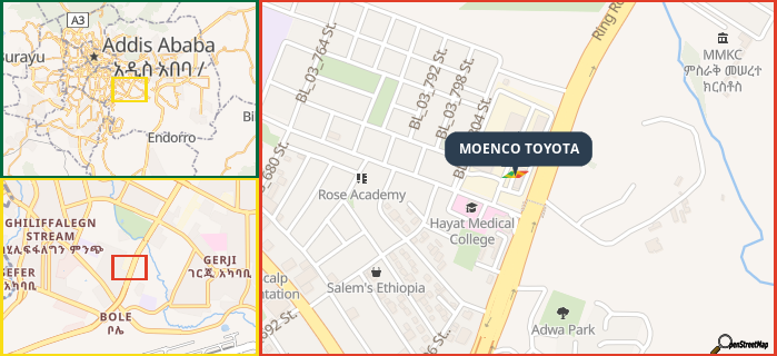 Map showing the address of MOENCO TOYOTA in three different zoom levels.