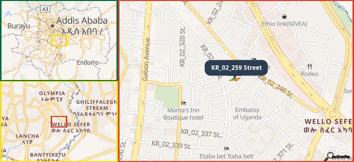 Map showing the address of KR_02_259 Street in three different zoom levels.