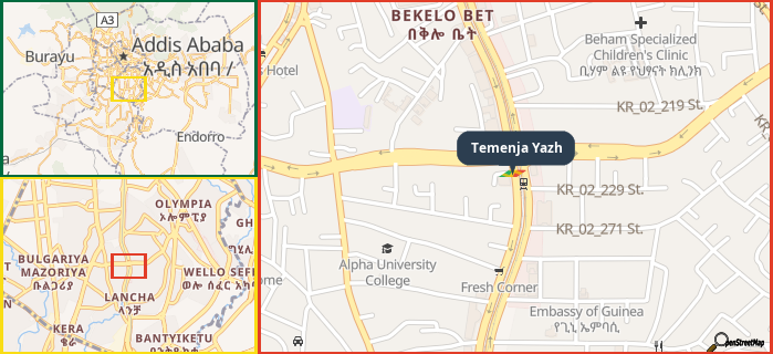 Map showing the address of Temenja Yazh in three different zoom levels.