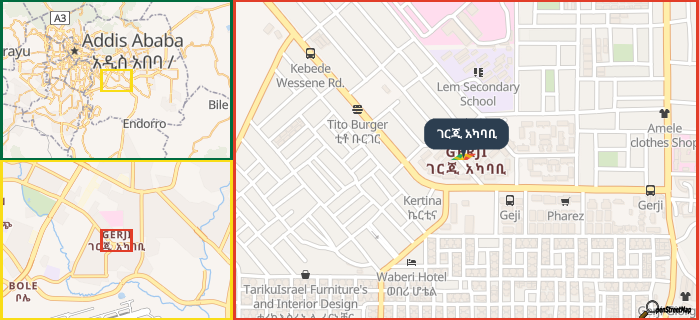 Map showing the address of ገርጂ አካባቢ in three different zoom levels.