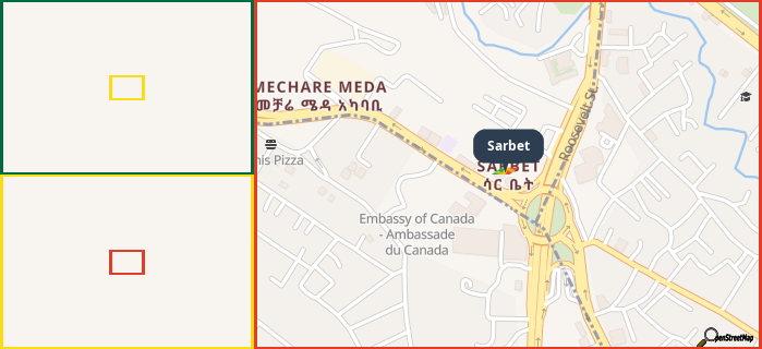 Map showing the address of Sarbet in three different zoom levels.