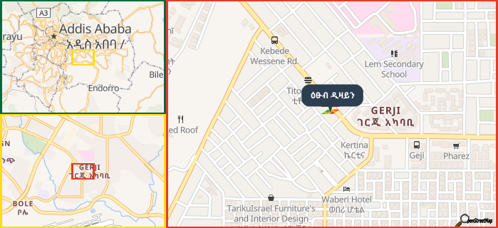 Map showing the address of ዕፁብ ዲዛይን in three different zoom levels.
