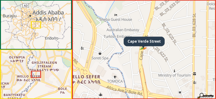 Map showing the address of Cape Verde Street in three different zoom levels.