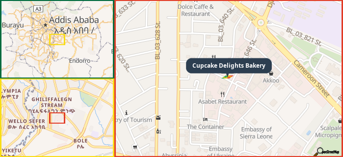 Map showing the address of Cupcake Delights Bakery in three different zoom levels.