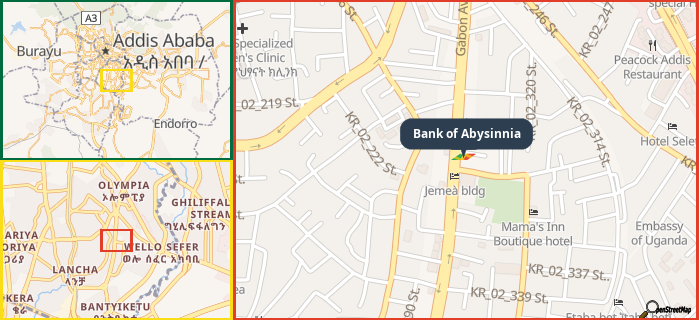 Map showing the address of Bank of Abysinnia in three different zoom levels.