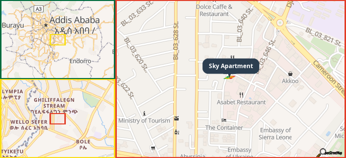 Map showing the address of Sky Apartment in three different zoom levels.