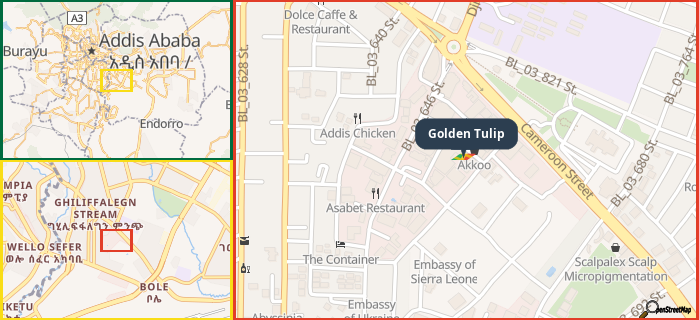 Map showing the address of Golden Tulip in three different zoom levels.