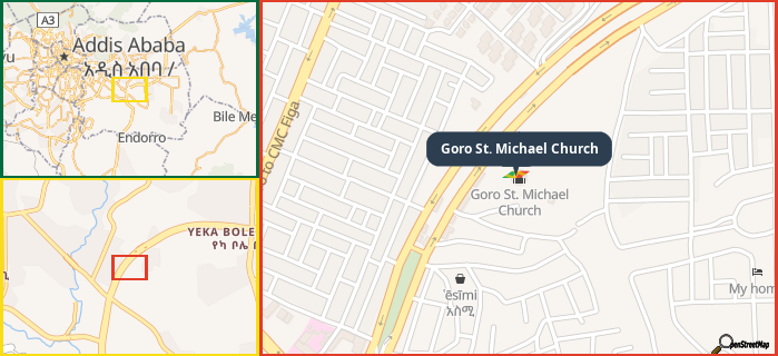 Map showing the address of Goro St. Michael Church in three different zoom levels.