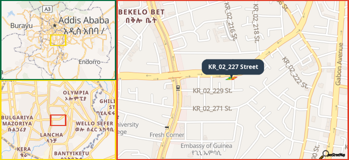 Map showing the address of KR_02_227 Street in three different zoom levels.