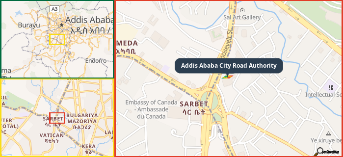 Map showing the address of Addis Ababa City Road Authority in three different zoom levels.