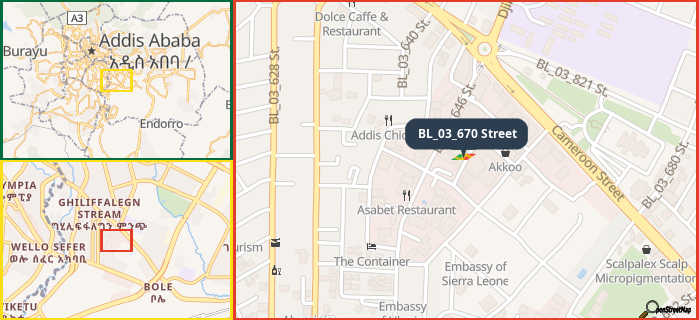 Map showing the address of BL_03_670 Street in three different zoom levels.