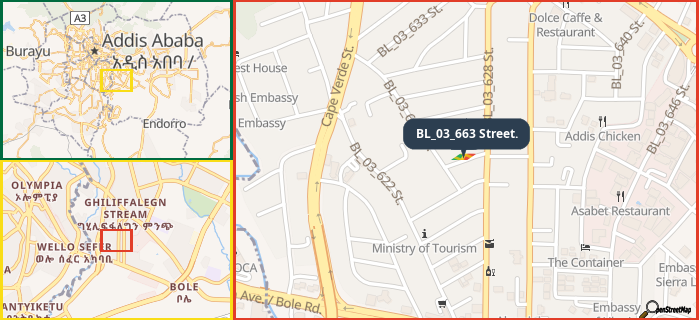 Map showing the address of BL_03_663 Street. in three different zoom levels.