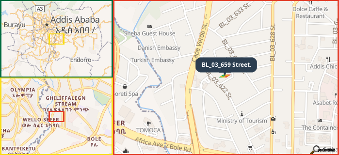 Map showing the address of BL_03_659 Street. in three different zoom levels.