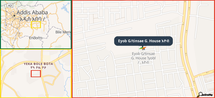 Map showing the address of Eyob G/tinsae G. House እዮብ in three different zoom levels.