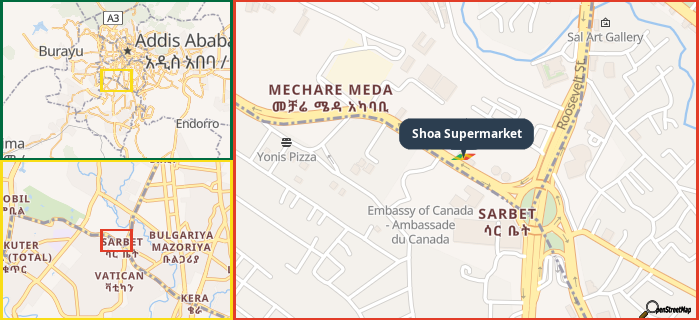 Map showing the address of Shoa Supermarket in three different zoom levels.