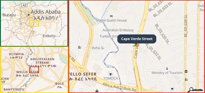 Map showing the address of Cape Verde Street in three different zoom levels.