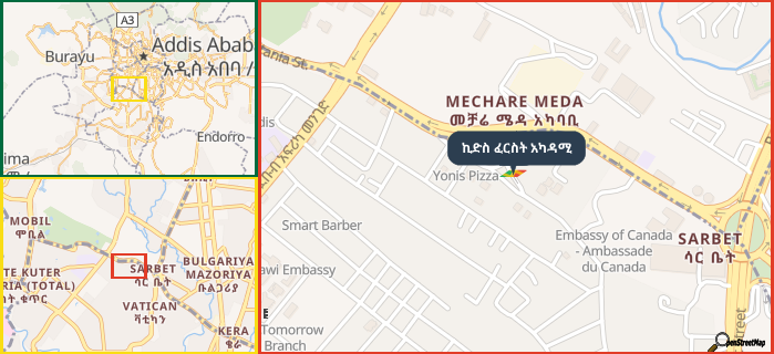 Map showing the address of ኪድስ ፈርስት አካዳሚ in three different zoom levels.