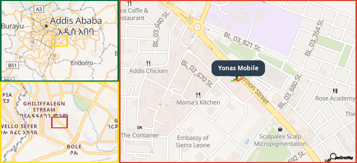 Map showing the address of Yonas Mobile in three different zoom levels.