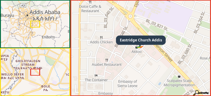 Map showing the address of Eastridge Church Addis in three different zoom levels.