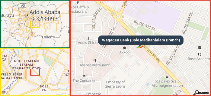 Map showing the address of Wegagen Bank (Bole Medhanialem Branch) in three different zoom levels.