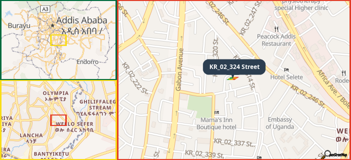 Map showing the address of KR_02_324 Street in three different zoom levels.