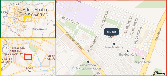 Map showing the address of ከቤ ኬክ in three different zoom levels.