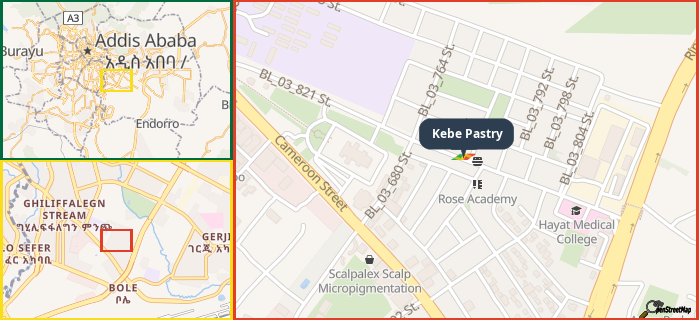 Map showing the address of Kebe Pastry in three different zoom levels.