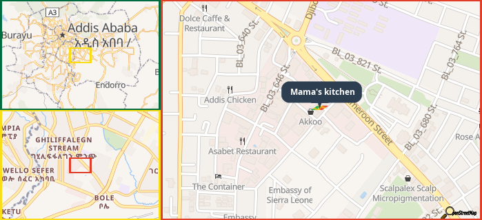 Map showing the address of Mama's kitchen in three different zoom levels.